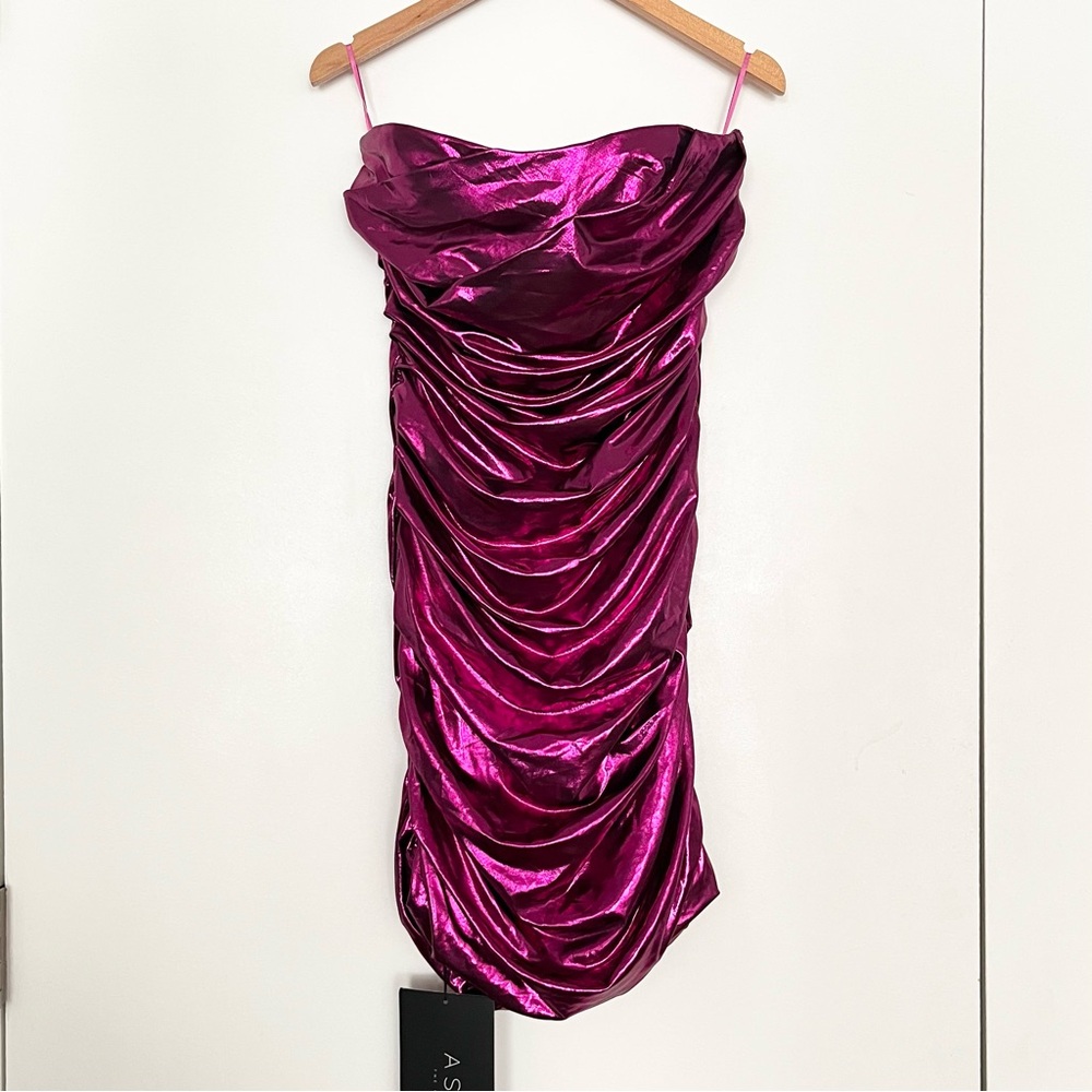 NWT ASTR Paulette Strapless Mini Dress S Metallic Pink Ruched Bodycon Club Prom - Picture 4 of 9
